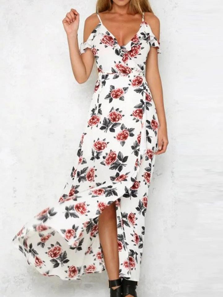 Choies White Cold Shoulder Spaghetti Strap Tie Waist Floral Print Dress
