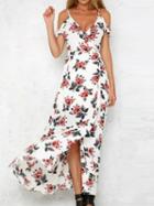 Choies White Cold Shoulder Spaghetti Strap Tie Waist Floral Print Dress