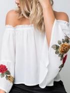 Choies White Off Shoulder Embroidered Flutter Sleeve Top