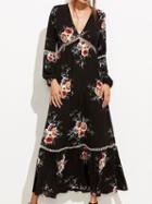 Choies Black V Neck Floral Print Long Sleeve Maxi Dress