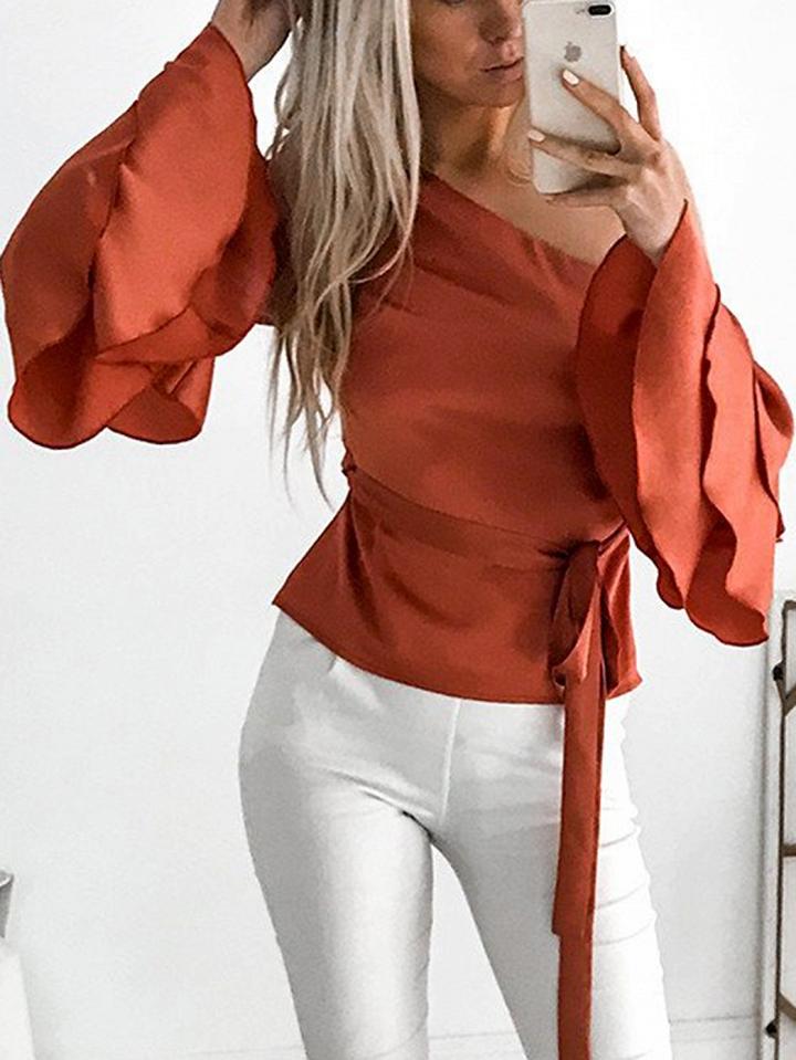 Choies Orange One Shoulder Tie Waist Flare Sleeve Blouse