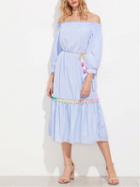 Choies Blue Stripe Off Shoulder Rainbow Pom Pom Trim Tie Cuff Midi Dress