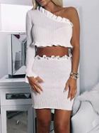 Choies White Asymmetric Neck Flare Sleeve Knit Crop Top And High Waist Skirt