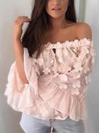 Choies Pink Off Shoulder 3d Flower Long Sleeve Blouse