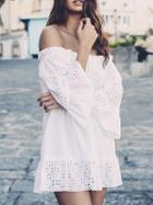 Choies White Off Shoulder Cut Out Ruffle Trim 3/4 Sleeve Mini Dress