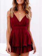 Choies Red Chiffon Spaghetti Strap V-neck Tie Back Chic Women Romper Playsuit
