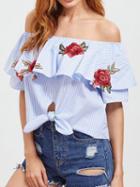 Choies Blue Stripe Off Shoulder Ruffle Embroidery Tie Front Top