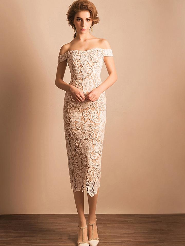 Choies White Off Shoulder Back Split Bodycon Midi Lace Dress