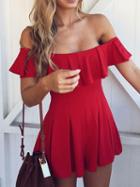 Choies Red Cotton Off Shoulder Ruffle Trim Chic Women Romper Playsuit