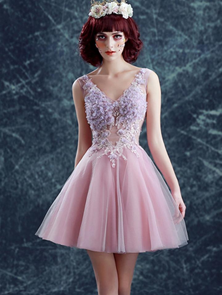Choies Pink V-neck 3d Flower Beaded Lace Up Back Mini Homecoming Dress