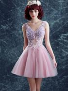 Choies Pink V-neck 3d Flower Beaded Lace Up Back Mini Homecoming Dress