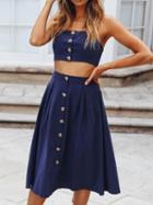 Choies Dark Blue Open Back Chic Women Crop Cami Top And High Waist Skirt