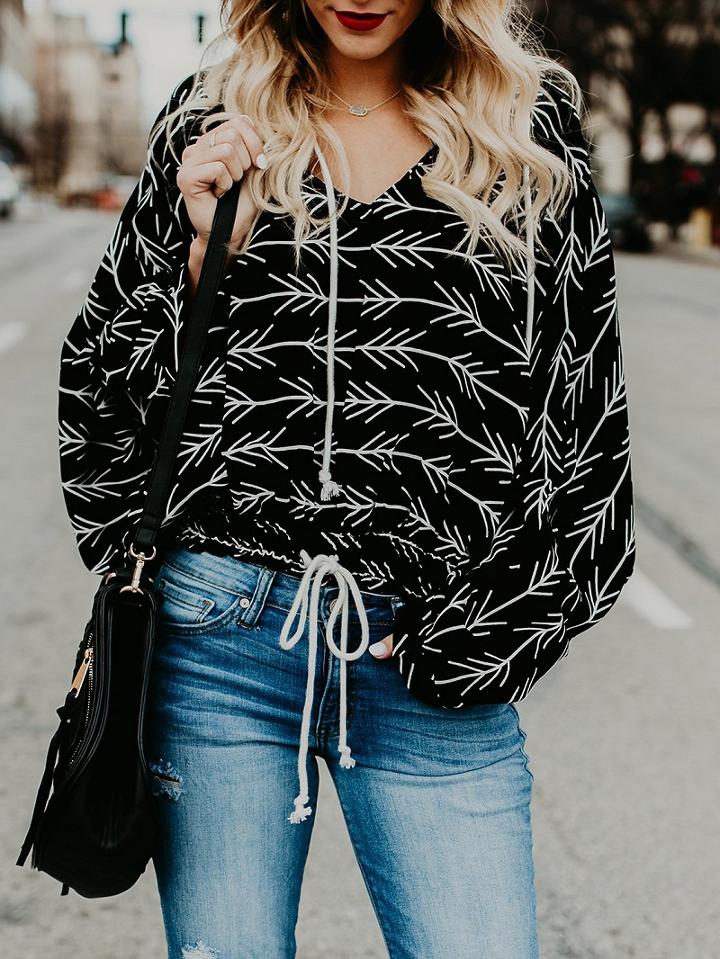 Choies Black Cotton V-neck Geo Pattern Print Long Sleeve Women Sweatshirt