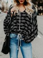 Choies Black Cotton V-neck Geo Pattern Print Long Sleeve Women Sweatshirt