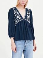 Choies Blue V-neck Embroidery Detail Long Sleeve Blouse