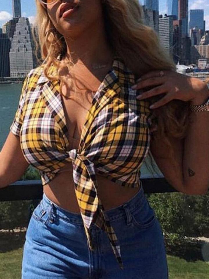 Choies Yellow Plaid Lapel Tie Front Crop T-shirt