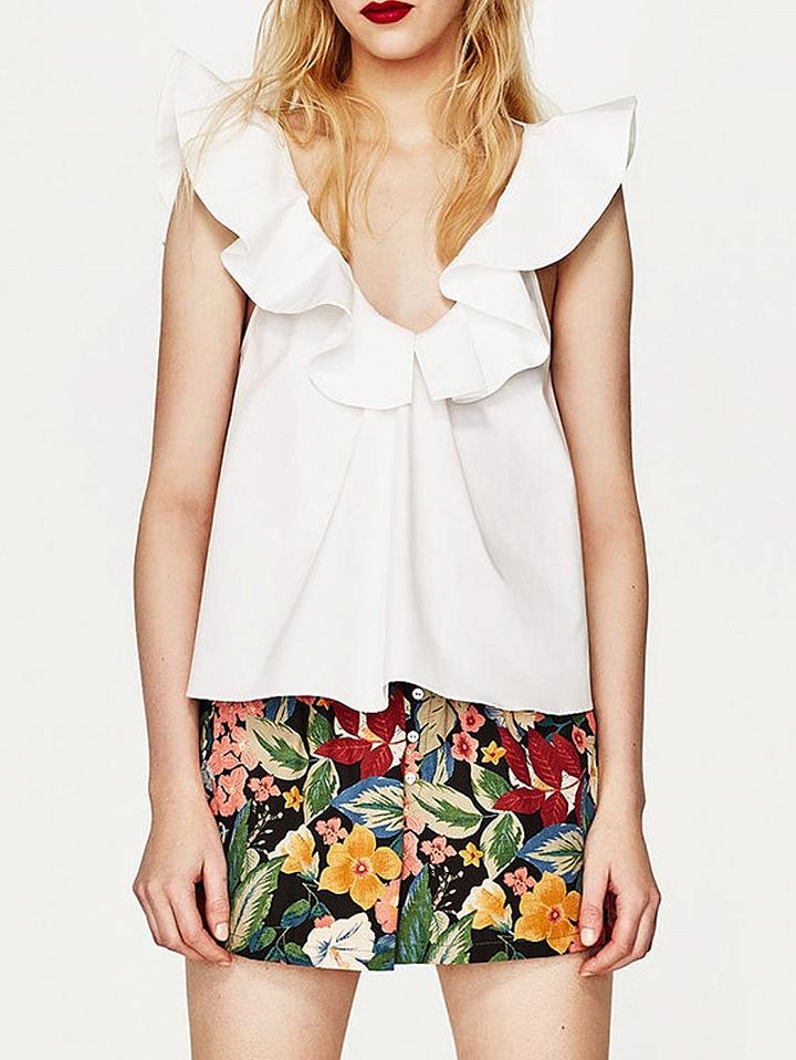 Choies White V-neck Ruffle Trim Blouse Top