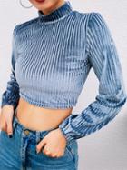 Choies Blue Velvet High Neck Long Sleeve Crop Top