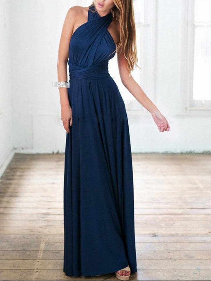 Choies Dark Blue Polyester V-neck Open Back Cocktail Women Maxi Dress