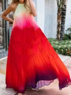 Choies Red Chiffon Dip Dye Detail Halter Open Back Chic Women Maxi Dress