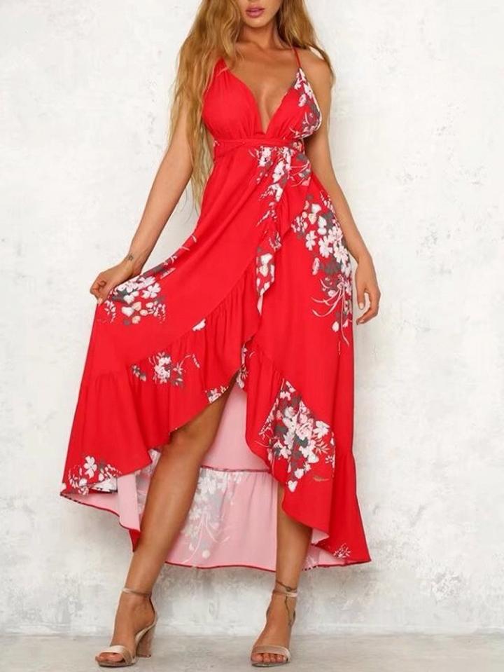 Choies Red Ruffle Trim Cross Strap Open Back Print Detail Hi-lo Dress