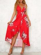 Choies Red Ruffle Trim Cross Strap Open Back Print Detail Hi-lo Dress