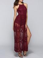 Choies Red Thigh Split Side Sheer Lace Maxi Dress