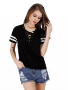 Choies Black Lace Up Front Stripe Sleeve T-shirt
