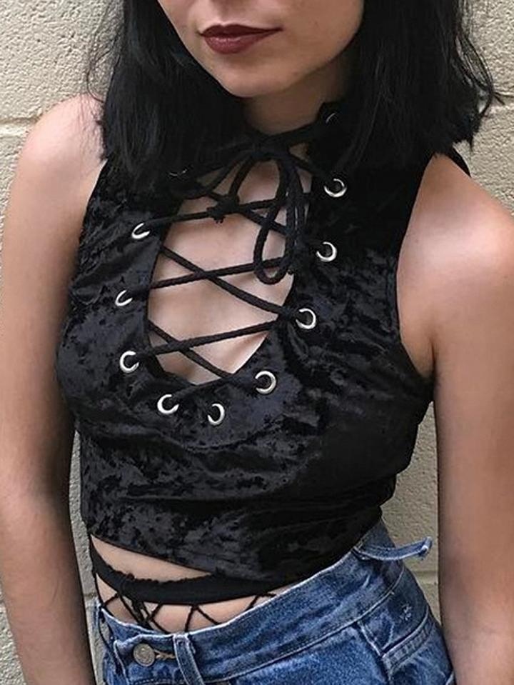 Choies Black Velvet Eyelet Lace Up Front Crop Top