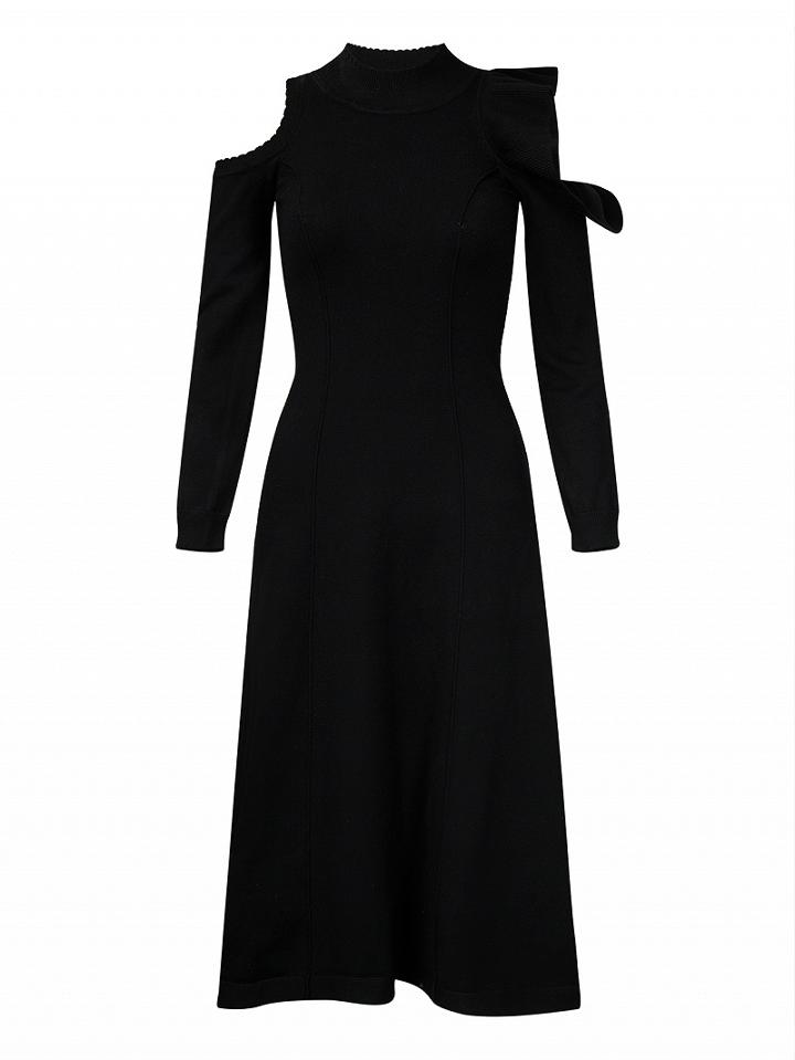 Choies Black Cold Shoulder Ruffle Detail Long Sleeve Knitted Dress