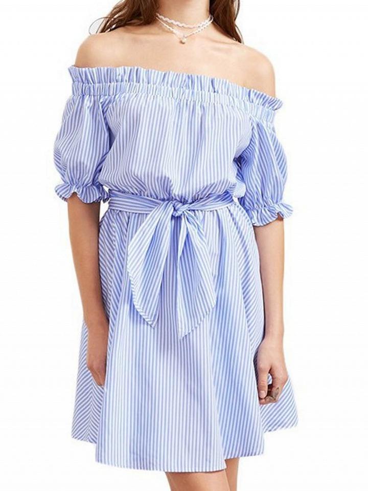 Choies Blue Striped Off Shoulder Tie Waist Skater Dress