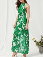 Choies Green Halter Tropical Leaf Print Strappy Back Maxi Dress