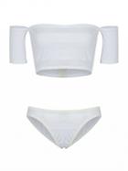 Choies White Off Shoulder Sheer Panel Crop Top Bikini Top And Bottom