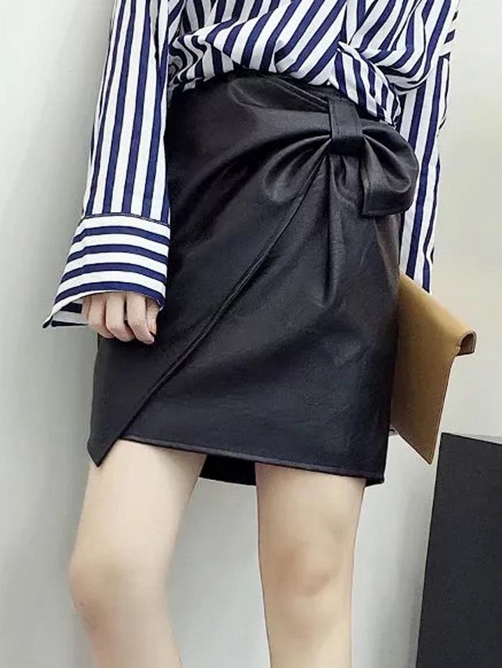 Choies Black High Waist Bow Detail Asymmetric Hem Leather Look Skirt