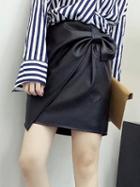 Choies Black High Waist Bow Detail Asymmetric Hem Leather Look Skirt