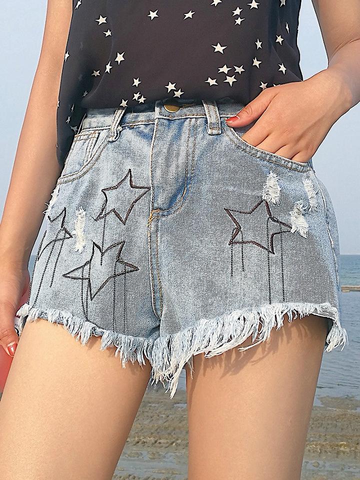 Choies Blue Star Embroidery Raw Hem Denim Shorts