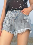 Choies Blue Star Embroidery Raw Hem Denim Shorts