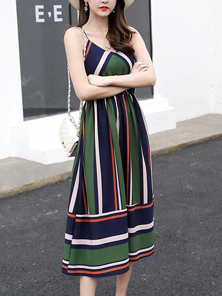 Choies Green Contrast Stripe V Neck Cami Midi Dress