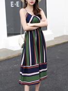 Choies Green Contrast Stripe V Neck Cami Midi Dress