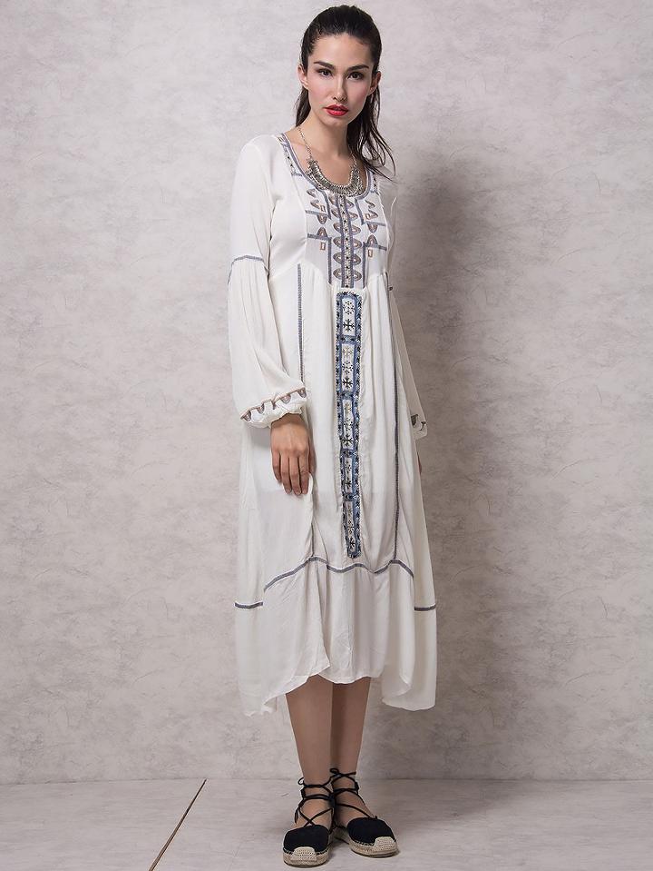 Choies White Embroidery Pattern Blouson Sleeve Keyhole Back Boho Dress