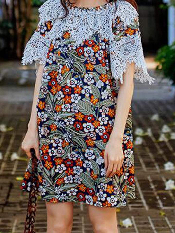 Choies Polychrome Off Shoulder Floral Print Lace Panel Chic Women Mini Dress