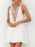 Choies White Folk Print Button Placket Back Mini Dress