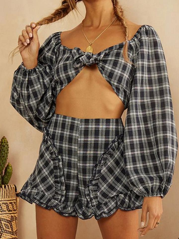 Choies Dark Gray Plaid Puff Sleeve Chic Women Crop Top And High Waist Shorts
