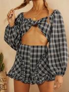 Choies Dark Gray Plaid Puff Sleeve Chic Women Crop Top And High Waist Shorts