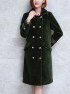 Choies Dark Green Lapel Faux Shearling Double Breasted Longline Coat