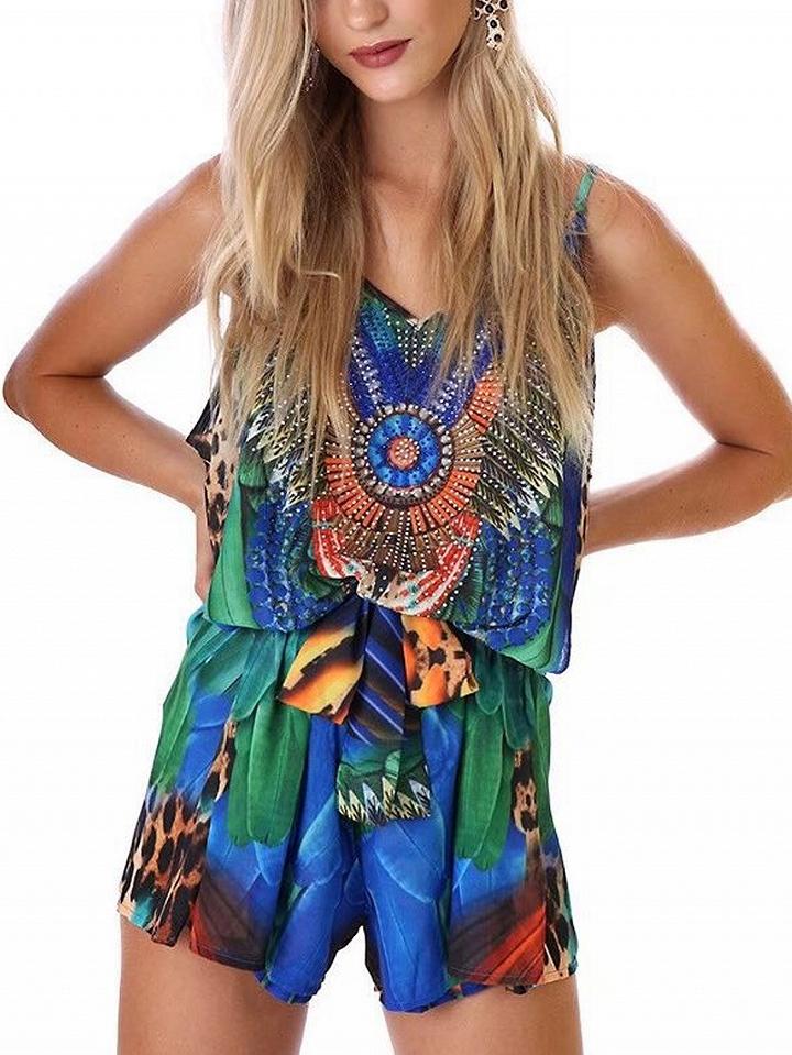 Choies Polychrome V-neck Tie Waist Spaghetti Strap Romper Playsuit