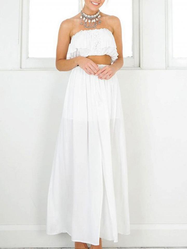 Choies White Ruffle Lace Insert Bandeau Crop Top And Split Maxi Skirt