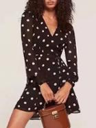 Choies Black V-neck Tie Waist Polka Dot Long Sleeve Mini Dress