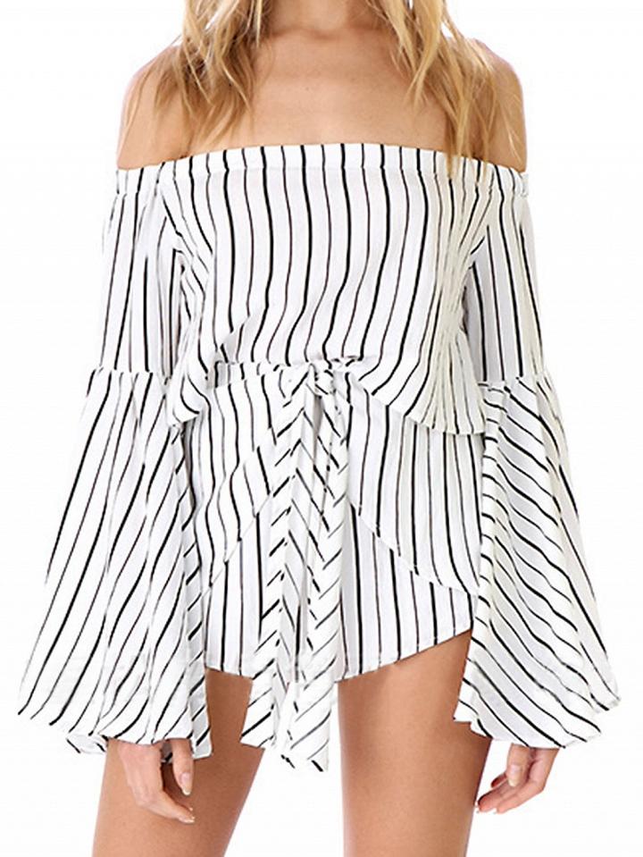 Choies White Stripe Off Shoulder Bell Sleeve Top And Wrap Tie Bottom