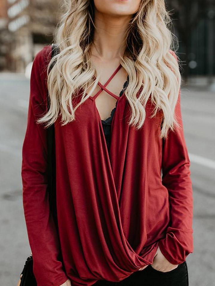 Choies Red V-neck Cross Strap Long Sleeve Blouse